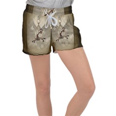 Funny Giraffe With Herats And Butterflies Women s Velour Lounge Shorts by FantasyWorld7