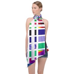 Color Graffiti Pattern Geometric Halter Asymmetric Satin Top