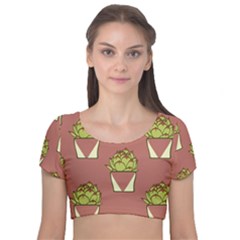 Cactus Pattern Background Texture Velvet Short Sleeve Crop Top  by Pakrebo