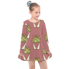 Cactus Pattern Background Texture Kids  Long Sleeve Dress by Pakrebo