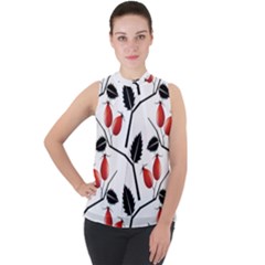 Rose Hip Pattern Branches Autumn Mock Neck Chiffon Sleeveless Top