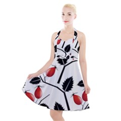 Rose Hip Pattern Branches Autumn Halter Party Swing Dress  by Pakrebo