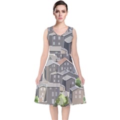 Village Place Portugal Landscape V-neck Midi Sleeveless Dress  by Pakrebo