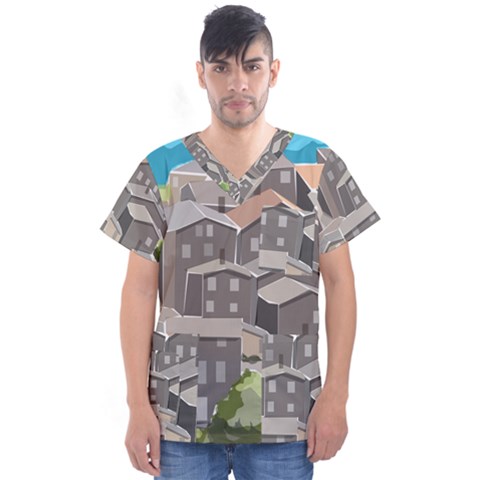 Village Place Portugal Landscape Men s V-neck Scrub Top by Pakrebo