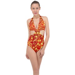 Pattern Valentine Heart Love Halter Front Plunge Swimsuit