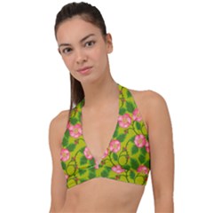 Roses Flowers Pattern Bud Pink Halter Plunge Bikini Top by Pakrebo