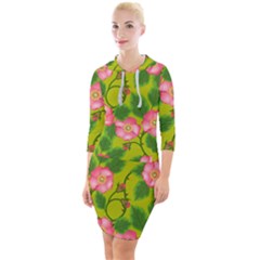 Roses Flowers Pattern Bud Pink Quarter Sleeve Hood Bodycon Dress