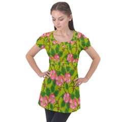 Roses Flowers Pattern Bud Pink Puff Sleeve Tunic Top