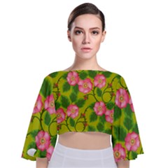 Roses Flowers Pattern Bud Pink Tie Back Butterfly Sleeve Chiffon Top