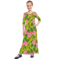 Roses Flowers Pattern Bud Pink Kids  Quarter Sleeve Maxi Dress by Pakrebo