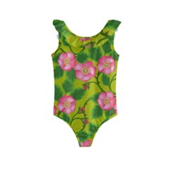 Roses Flowers Pattern Bud Pink Kids  Frill Swimsuit