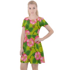 Roses Flowers Pattern Bud Pink Cap Sleeve Velour Dress 