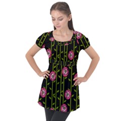 Rose Abstract Rose Garden Puff Sleeve Tunic Top