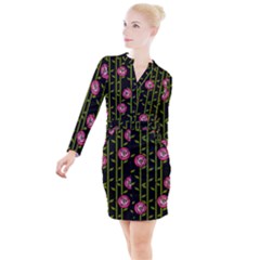 Rose Abstract Rose Garden Button Long Sleeve Dress