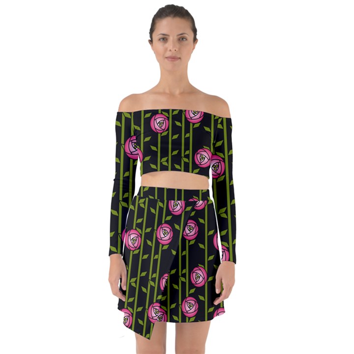 Rose Abstract Rose Garden Off Shoulder Top with Skirt Set