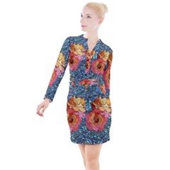 Pattern Rose Yellow Background Button Long Sleeve Dress