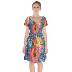 Pattern Rose Yellow Background Short Sleeve Bardot Dress by Pakrebo