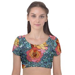 Pattern Rose Yellow Background Velvet Short Sleeve Crop Top  by Pakrebo