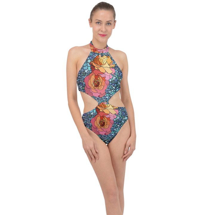 Pattern Rose Yellow Background Halter Side Cut Swimsuit