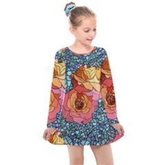 Pattern Rose Yellow Background Kids  Long Sleeve Dress