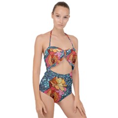 Pattern Rose Yellow Background Scallop Top Cut Out Swimsuit