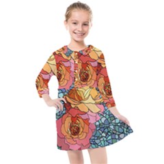 Pattern Rose Yellow Background Kids  Quarter Sleeve Shirt Dress