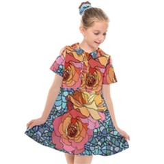 Pattern Rose Yellow Background Kids  Short Sleeve Shirt Dress