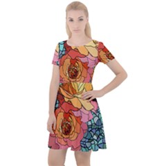 Pattern Rose Yellow Background Cap Sleeve Velour Dress 