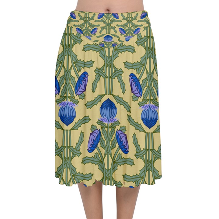 Pattern Thistle Structure Texture Velvet Flared Midi Skirt