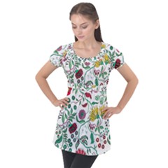 Flowers Garden Tropical Plant Puff Sleeve Tunic Top