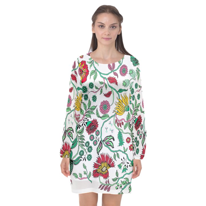 Flowers Garden Tropical Plant Long Sleeve Chiffon Shift Dress 