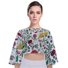 Flowers Garden Tropical Plant Tie Back Butterfly Sleeve Chiffon Top