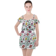 Flowers Garden Tropical Plant Ruffle Cut Out Chiffon Playsuit