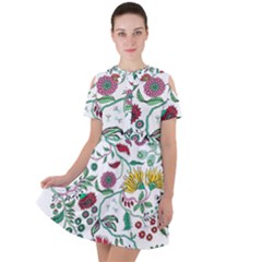 Flowers Garden Tropical Plant Short Sleeve Shoulder Cut Out Dress 