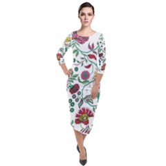 Flowers Garden Tropical Plant Quarter Sleeve Midi Velour Bodycon Dress