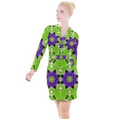 Pattern Abstract Background Art Green Button Long Sleeve Dress