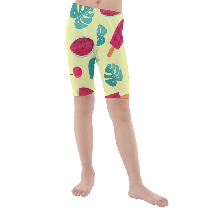 Watermelon Leaves Strawberry Kids  Mid Length Swim Shorts