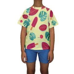 Watermelon Leaves Strawberry Kids  Short Sleeve Swimwear by Pakrebo