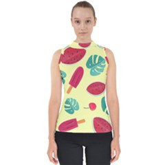 Watermelon Leaves Strawberry Mock Neck Shell Top by Pakrebo