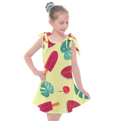 Watermelon Leaves Strawberry Kids  Tie Up Tunic Dress by Pakrebo