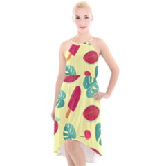 Watermelon Leaves Strawberry High-low Halter Chiffon Dress 