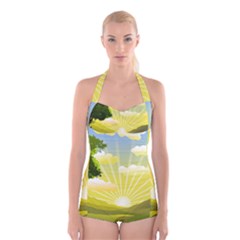 Wallpaper Background Landscape Boyleg Halter Swimsuit  by Pakrebo