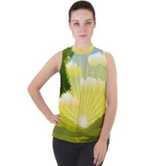 Wallpaper Background Landscape Mock Neck Chiffon Sleeveless Top