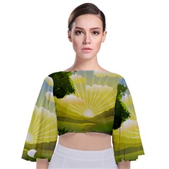 Wallpaper Background Landscape Tie Back Butterfly Sleeve Chiffon Top