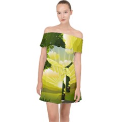 Wallpaper Background Landscape Off Shoulder Chiffon Dress