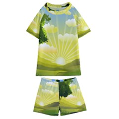 Wallpaper Background Landscape Kids  Swim Tee And Shorts Set