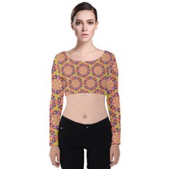 Pattern Decoration Abstract Flower Velvet Long Sleeve Crop Top