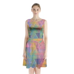 Triangle Pattern Mosaic Shape Sleeveless Waist Tie Chiffon Dress by Pakrebo