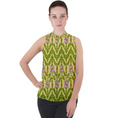 Texture Heather Nature Mock Neck Chiffon Sleeveless Top