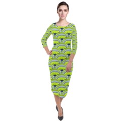 Texture Green Plant Leaves Arches Quarter Sleeve Midi Velour Bodycon Dress